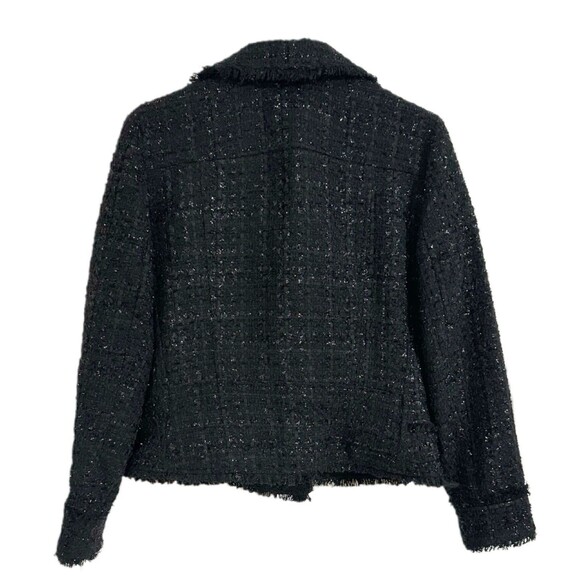 Ann Taylor Tweed Metallic Moto Jacket Womens 12P Black Asymmetric Frayed Zip Up - Picture 3 of 7